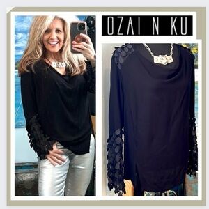 OZAI N KU,Luxury Greek Clothier,Pull-On, Boat-Neck,Asymmetrical & Fringed Blouse